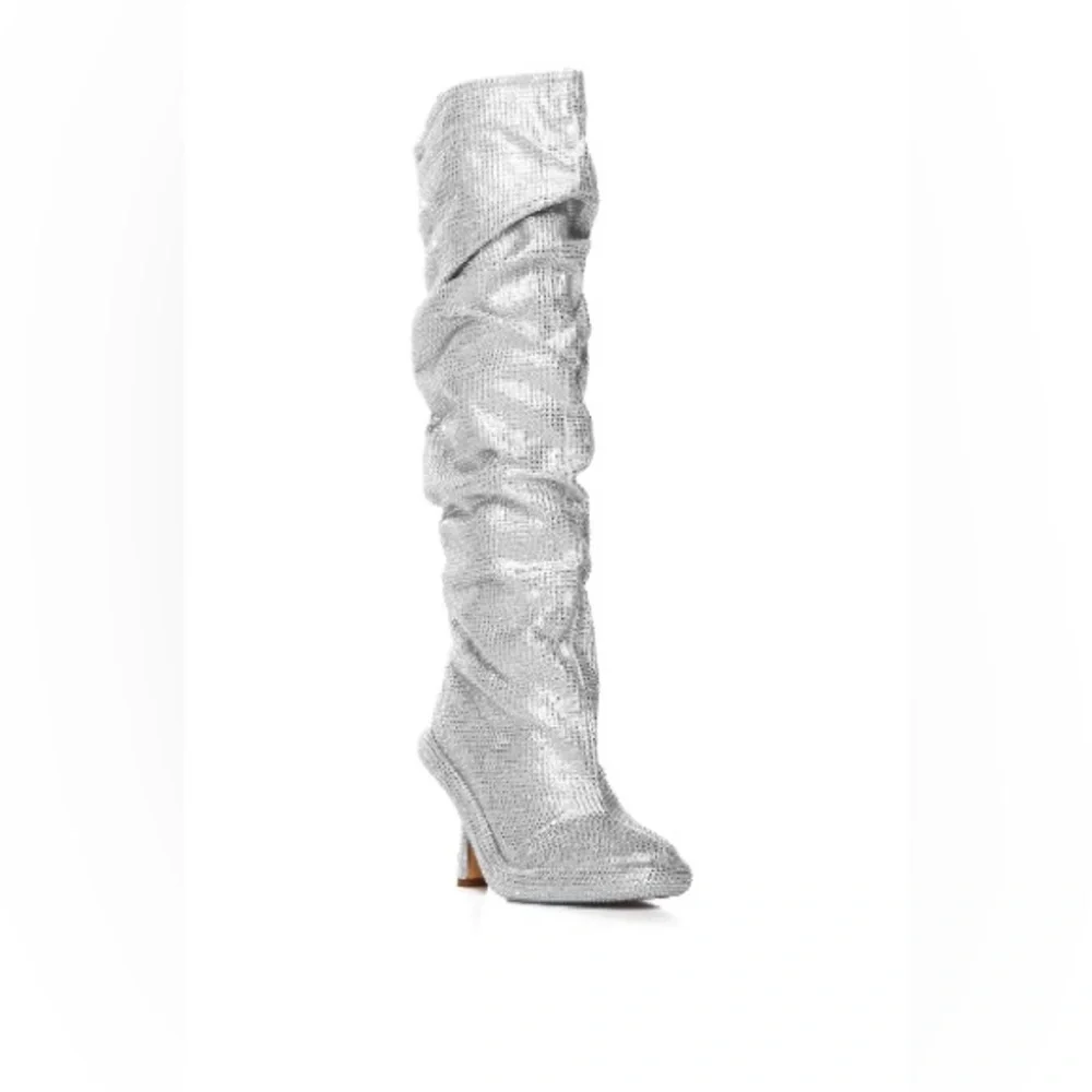 AZALEA WANG BAREFOOT SILVER OVER THE KNEE RHINESTONE BOOT 8.5 NEW